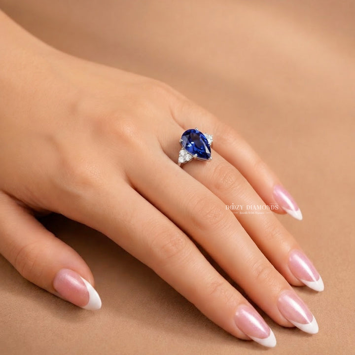 2.0CT Pear Blue Sapphire Ring Lab Grown Diamond Accents White Gold