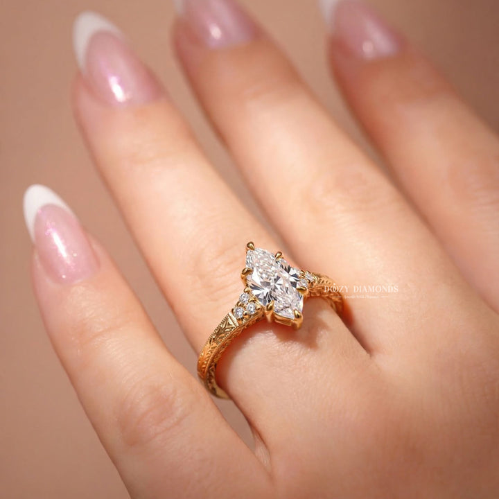 2.0CT Marquise E/VS2 Lab Grown Diamoind Engagement Ring, Engraved Gold Shoulder Accents