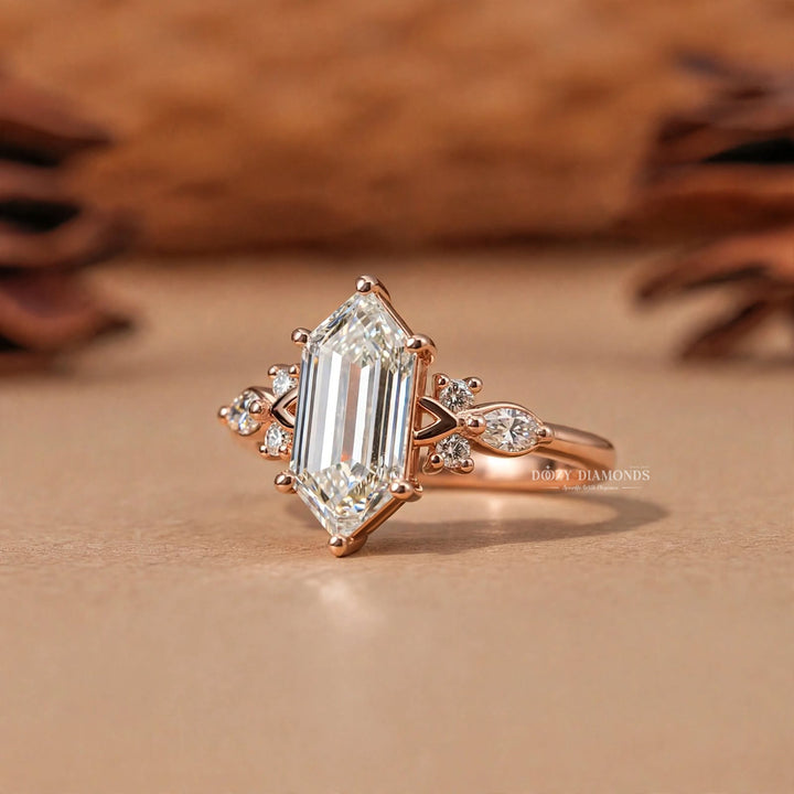 2.50CT Hexagon Shield F/VVS1 Lab Grown Diamond Engagement Ring, Cluster Rose Gold