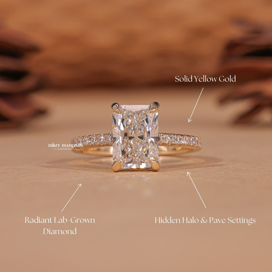 Radiant hidden halo engagement ring close-up highlighting diamond sparkle