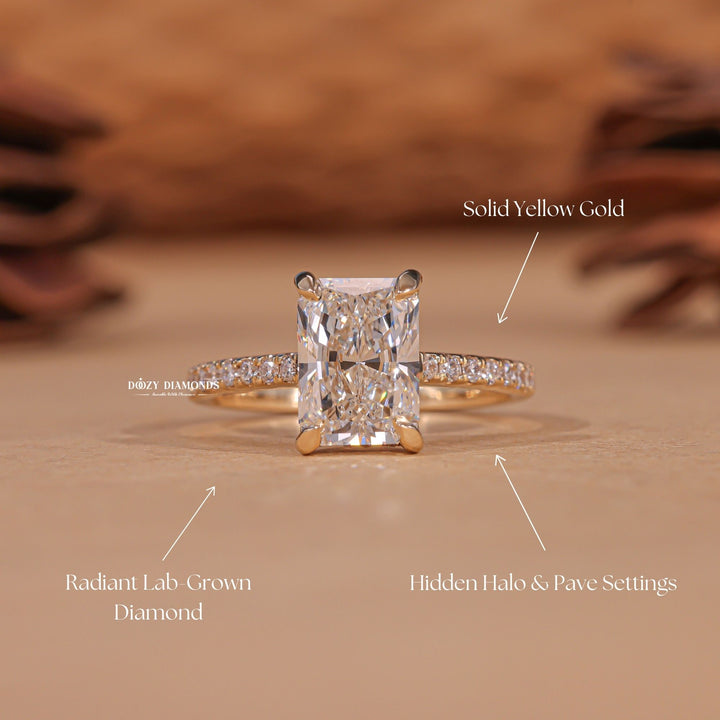 Radiant hidden halo engagement ring close-up highlighting diamond sparkle