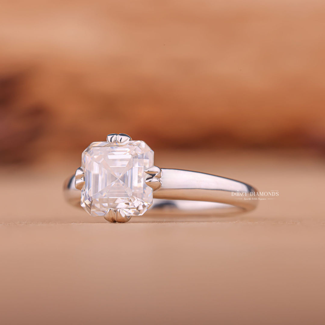 IGI certified asscher cut diamond in solitaire engagement ring setting