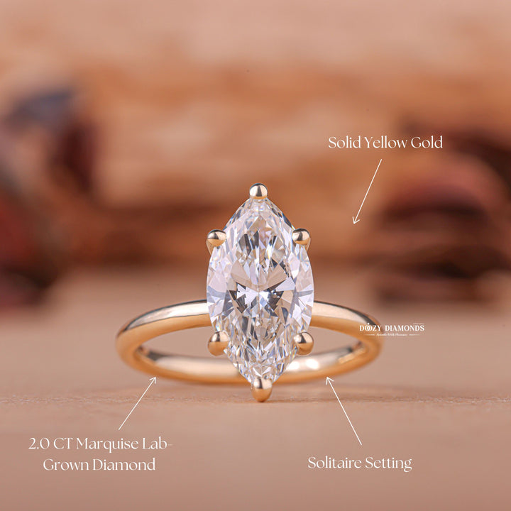 Top-down view of marquise cut solitaire engagement ring