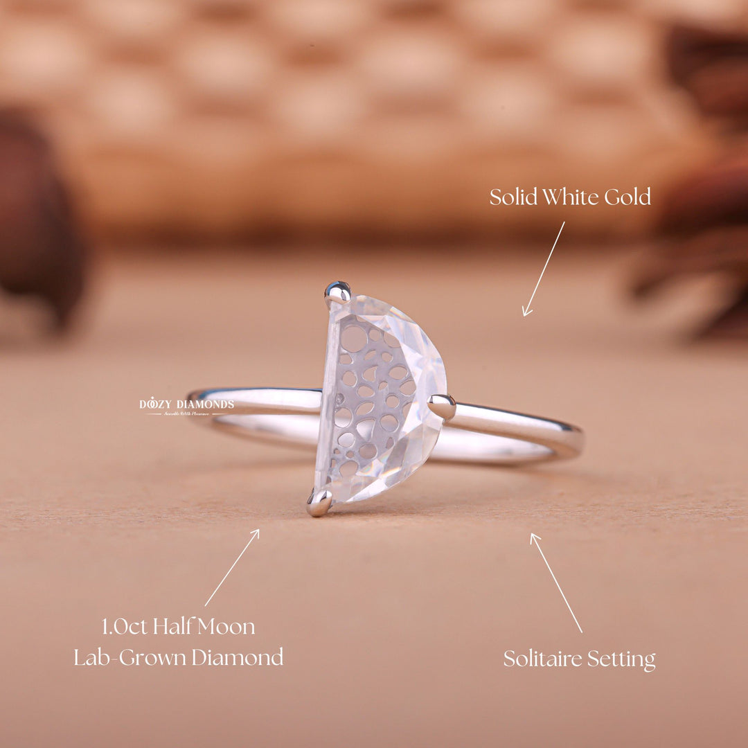 Handcrafted half moon cut art deco lab grown diamond engagement ring