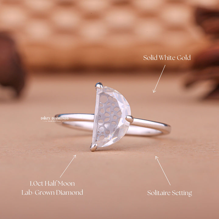 Handcrafted half moon cut art deco lab grown diamond engagement ring