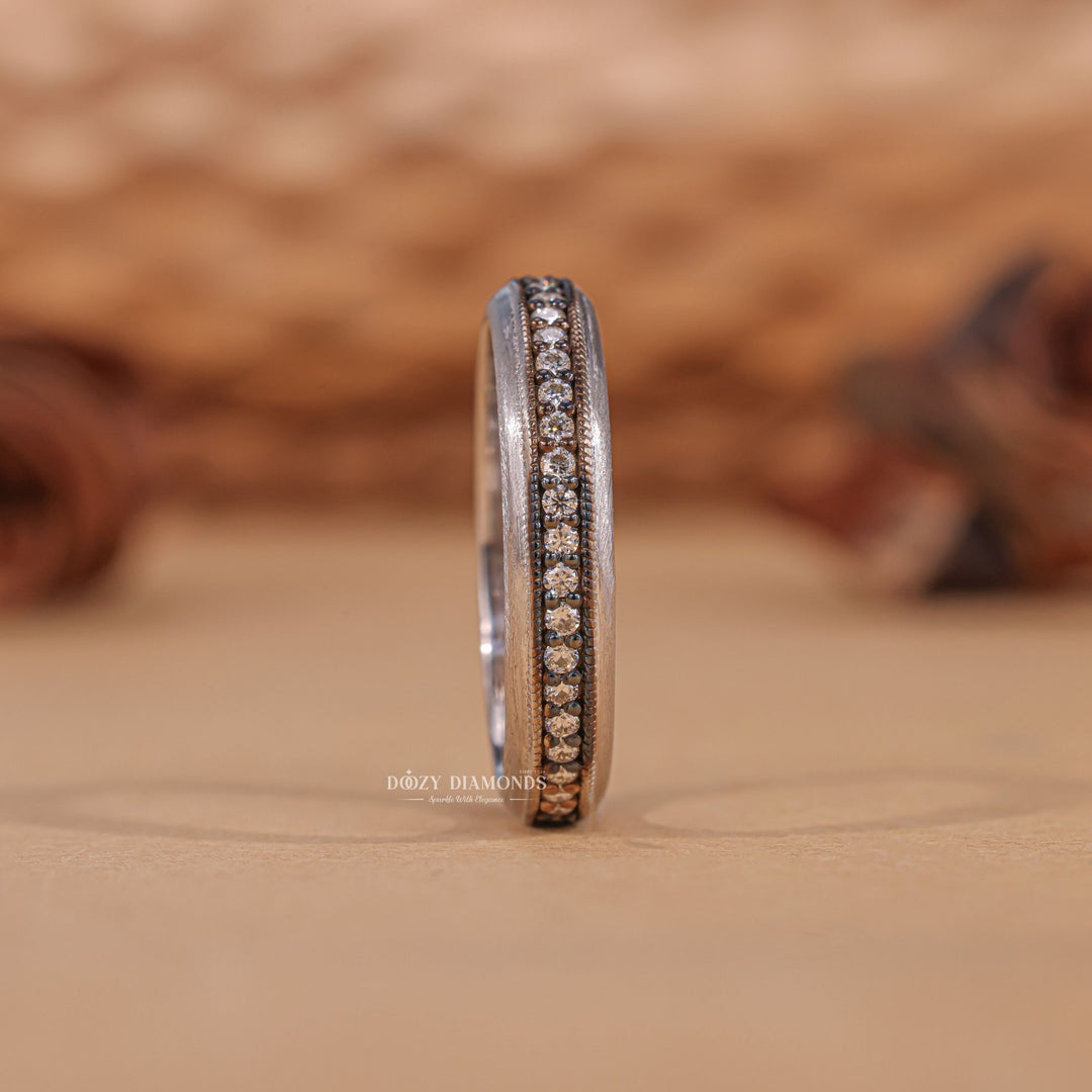 Round diamond band stacked with engagement ring