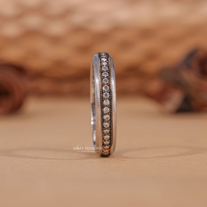 Round diamond band stacked with engagement ring