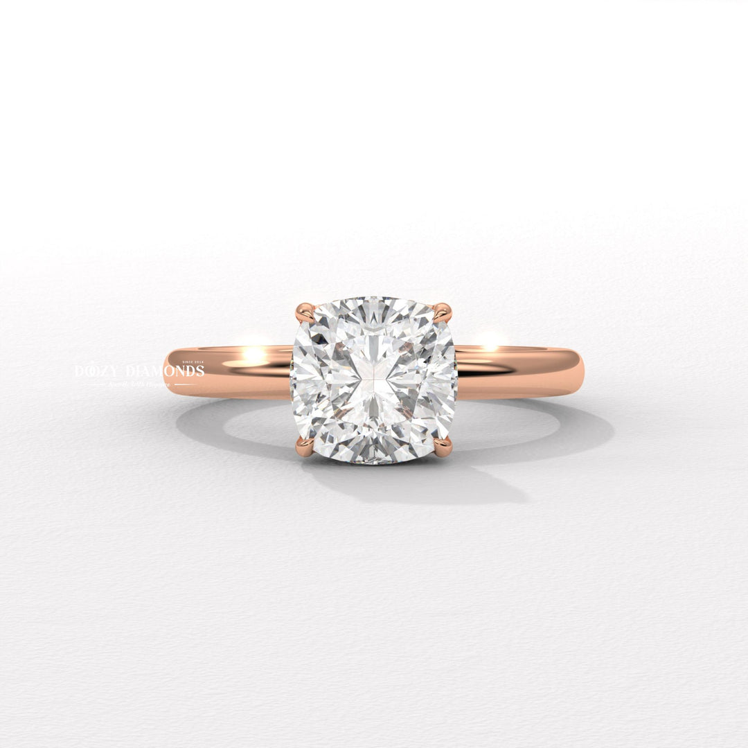 Cushion cut hidden halo engagement ring shown in real-life wear
