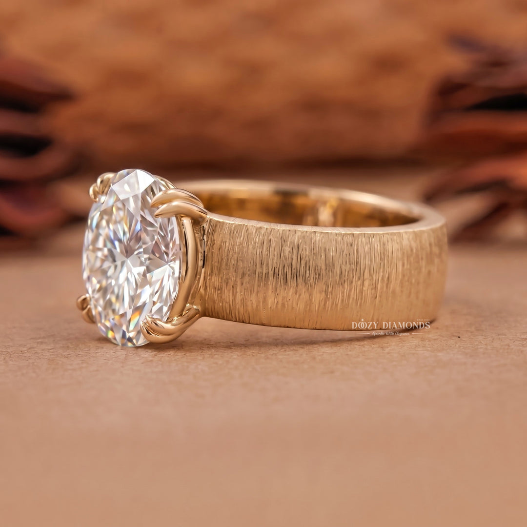 3.0CT Oval E/VS1 Lab Grown Solitaire Ring, Wide Brushed Gold Band