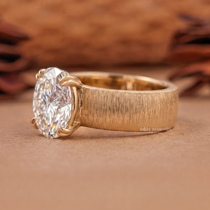 3.0CT Oval E/VS1 Lab Grown Solitaire Ring, Wide Brushed Gold Band
