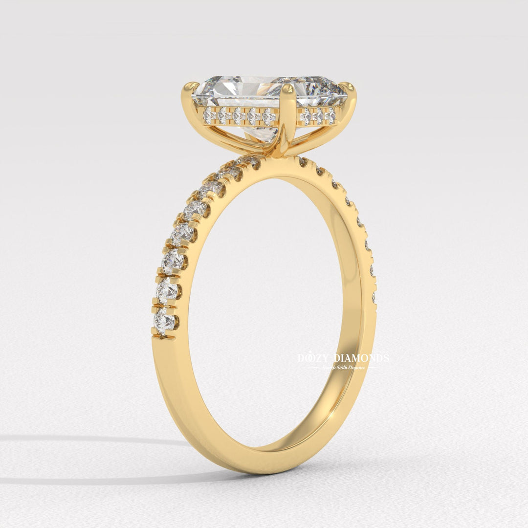 Top-down view of radiant cut hidden halo engagement ring