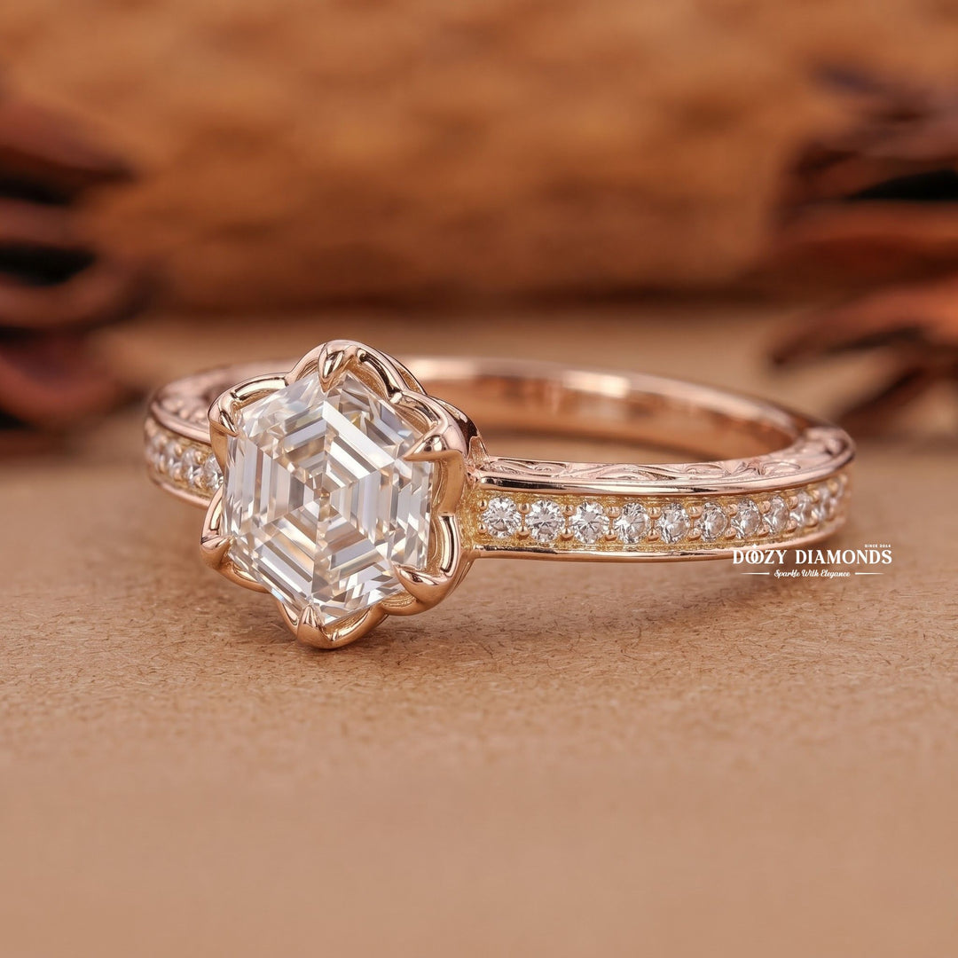 2.0CT Hexagonal E/VVS1 Lab Grown Diamond Floral Halo Engagement Ring - lab grown diamond engagement ring view 3