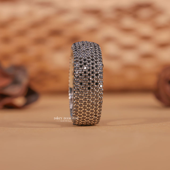 Black Diamond diamond band stacked with engagement ring