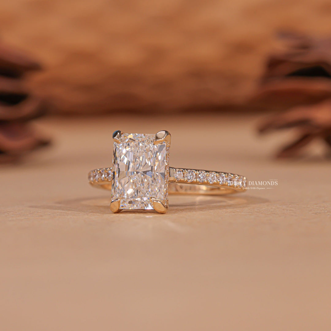 Angled view of radiant cut diamond in hidden halo setting