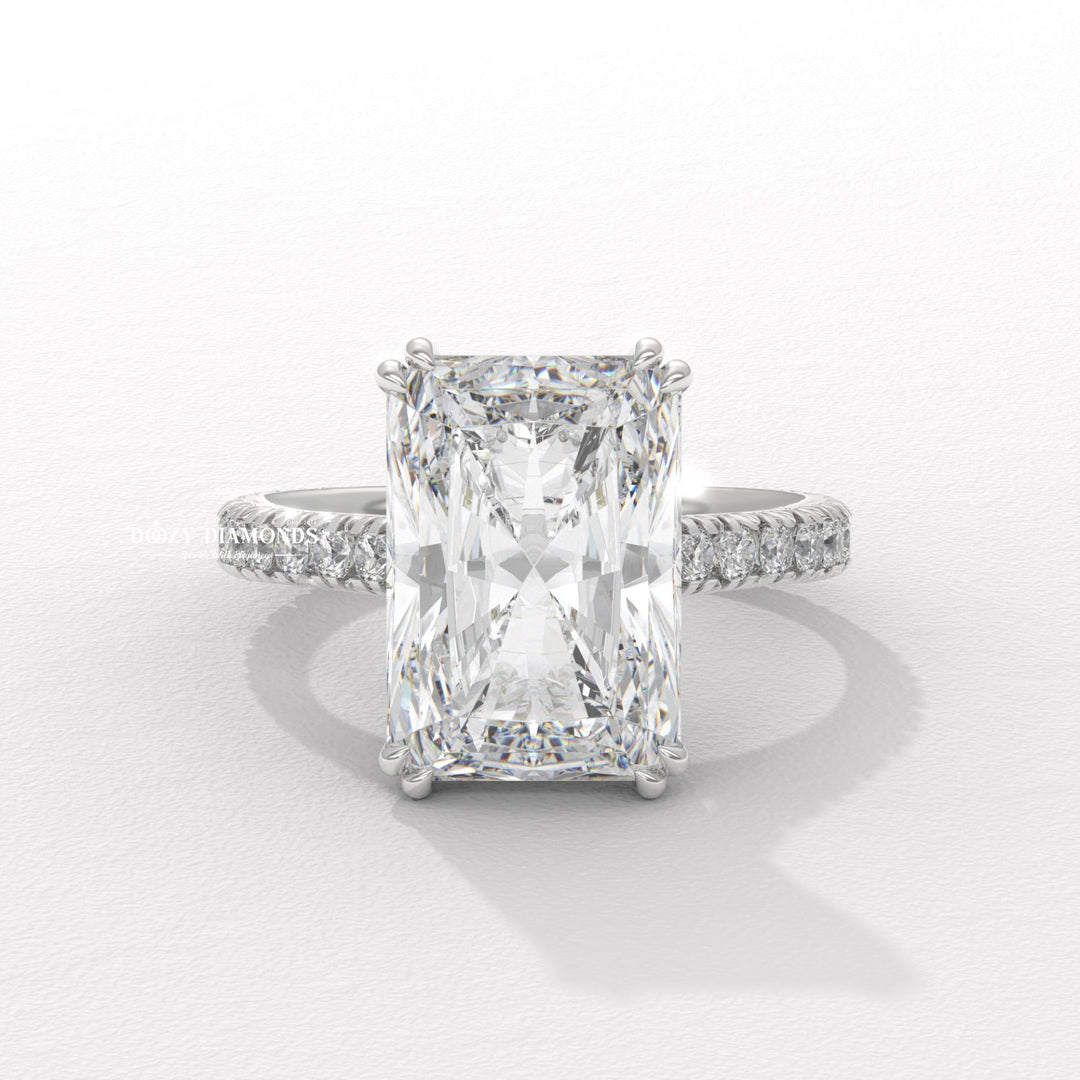 Macro shot of radiant cut diamond facets in solitaire ring setting