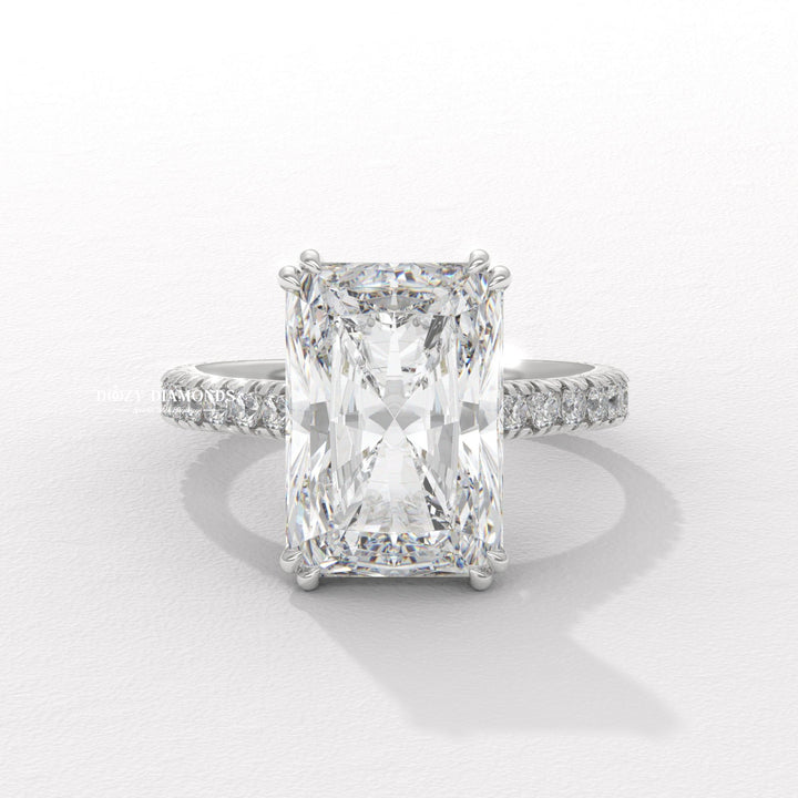 Macro shot of radiant cut diamond facets in solitaire ring setting