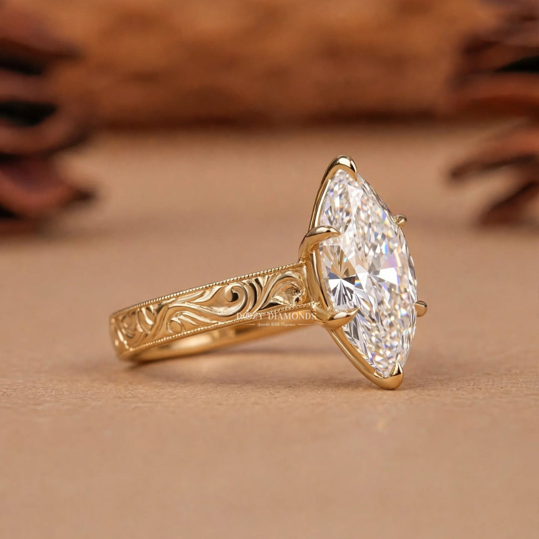 2.0CT Marquise F/VVS1 Lab Grown Ring, Hand Engraved Scroll Gold Band