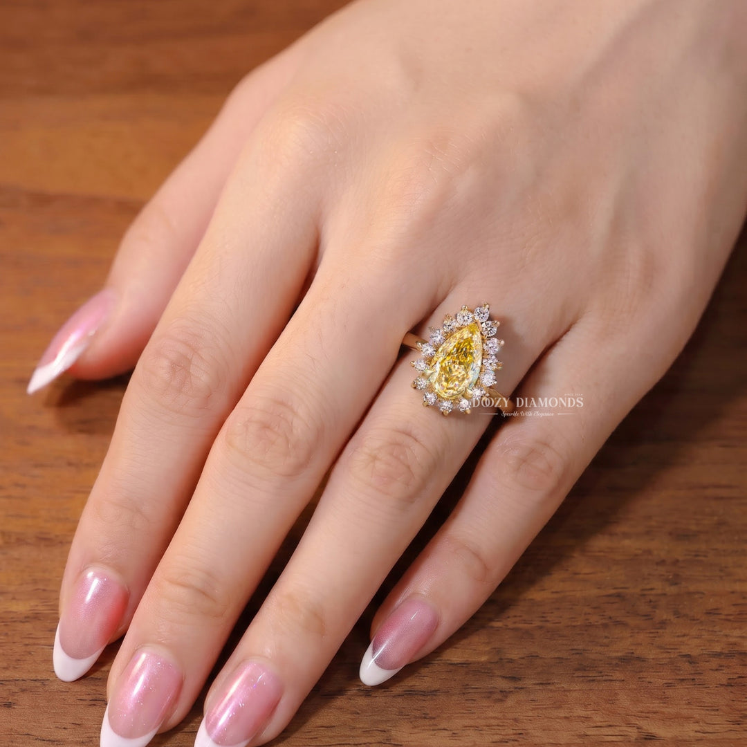 1.50CT Pear Yellow Lab Grown Diamond Halo Engagement Ring For Women