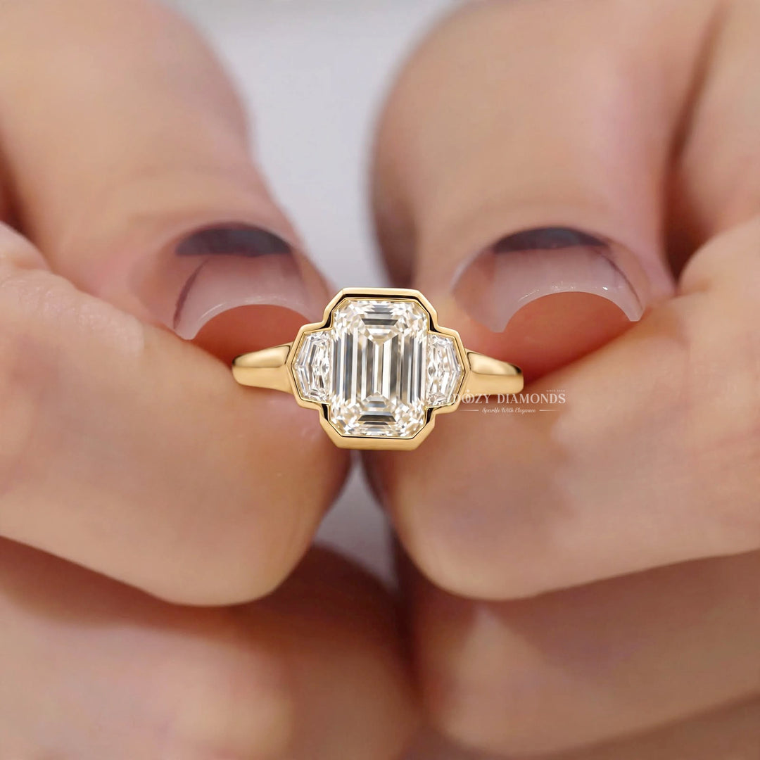 2.0CT Emerald Cut E/VS2 Lab Grown Diamond Art Deco Bezel Three Stone Engagement Ring