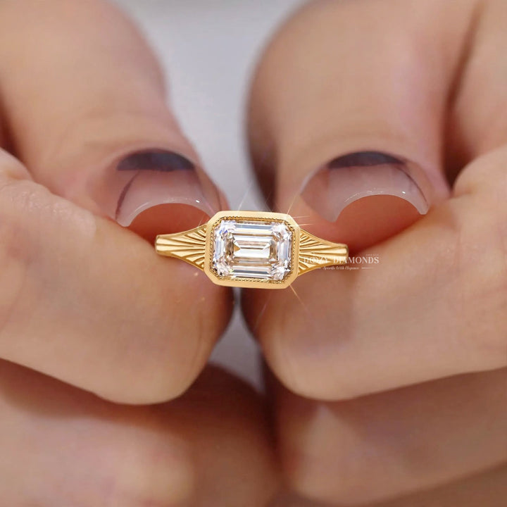 2.0CT East West Emerald Cut F/VVS2 Lab Grown Diamond Bezel Set Engagement Ring
