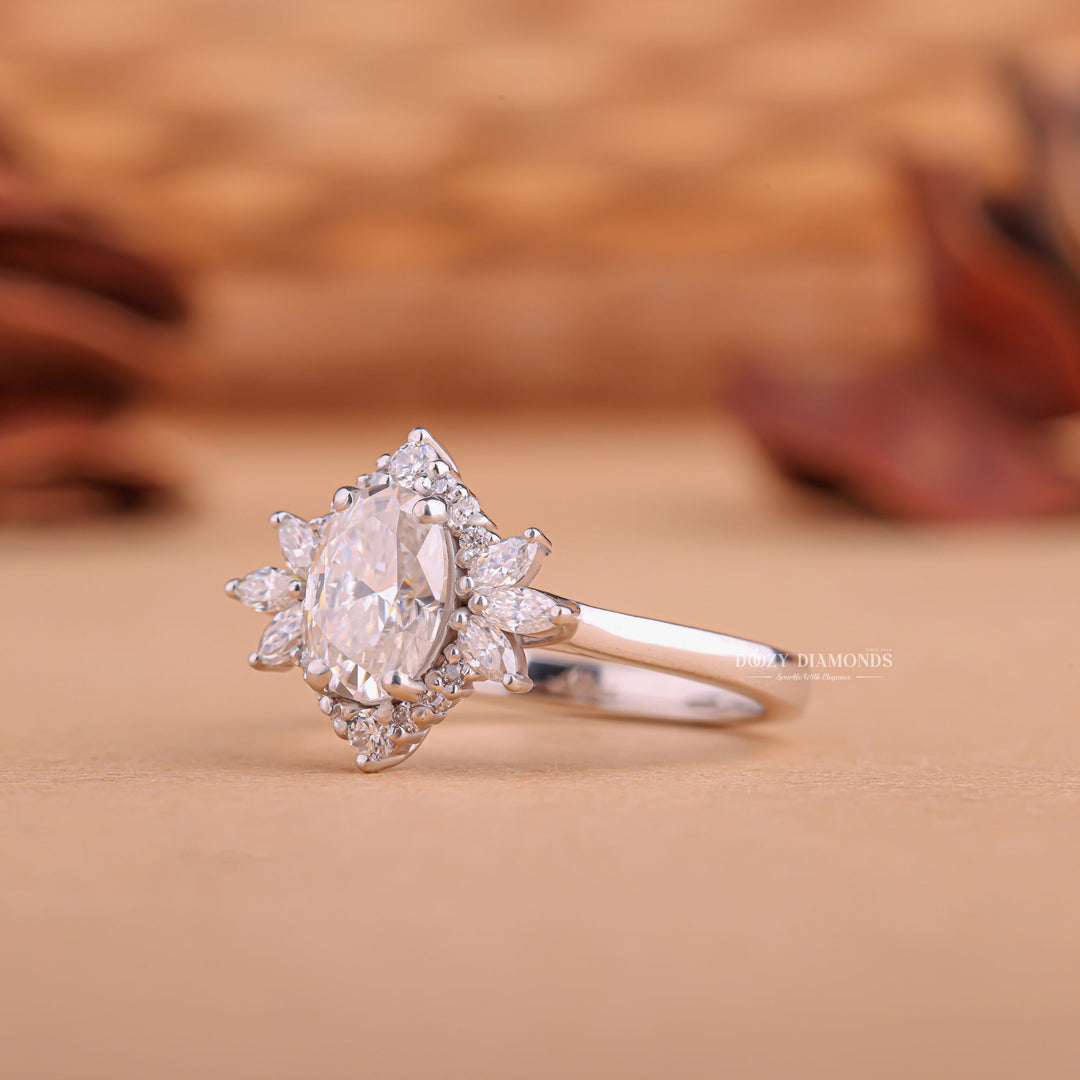 Oval cut engagement ring side view showing band detail
