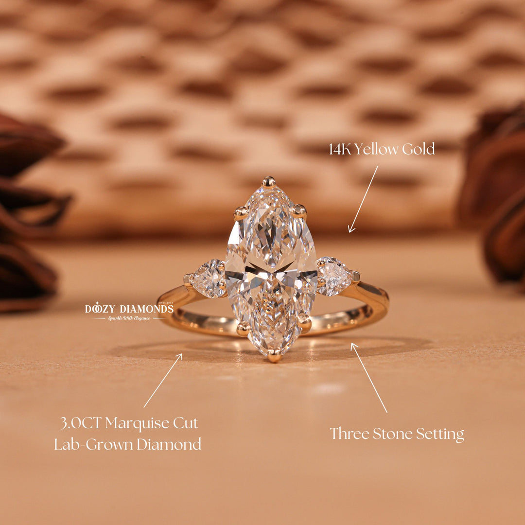 Side angle of marquise three stone diamond engagement ring