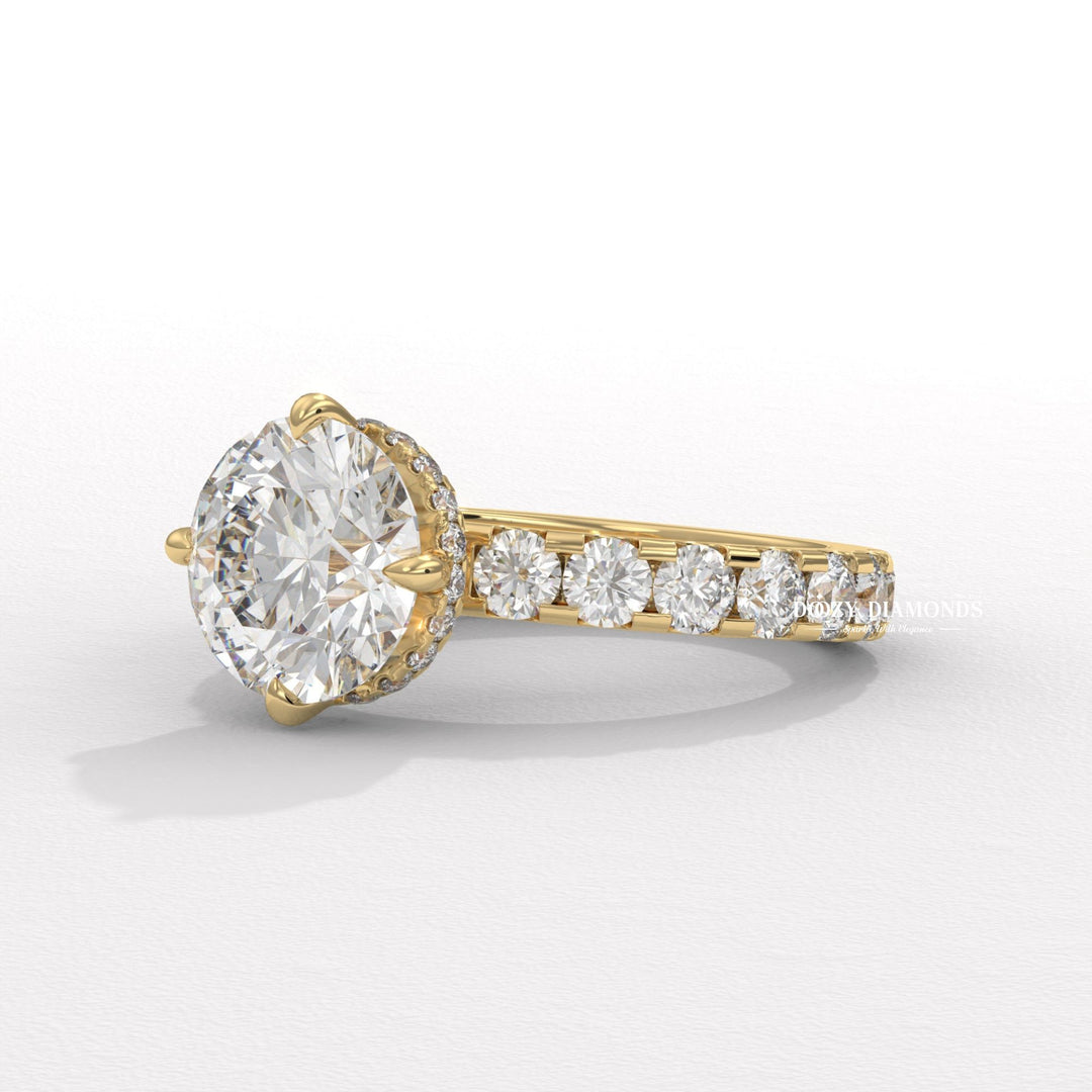 Round hidden halo engagement ring viewed from the side