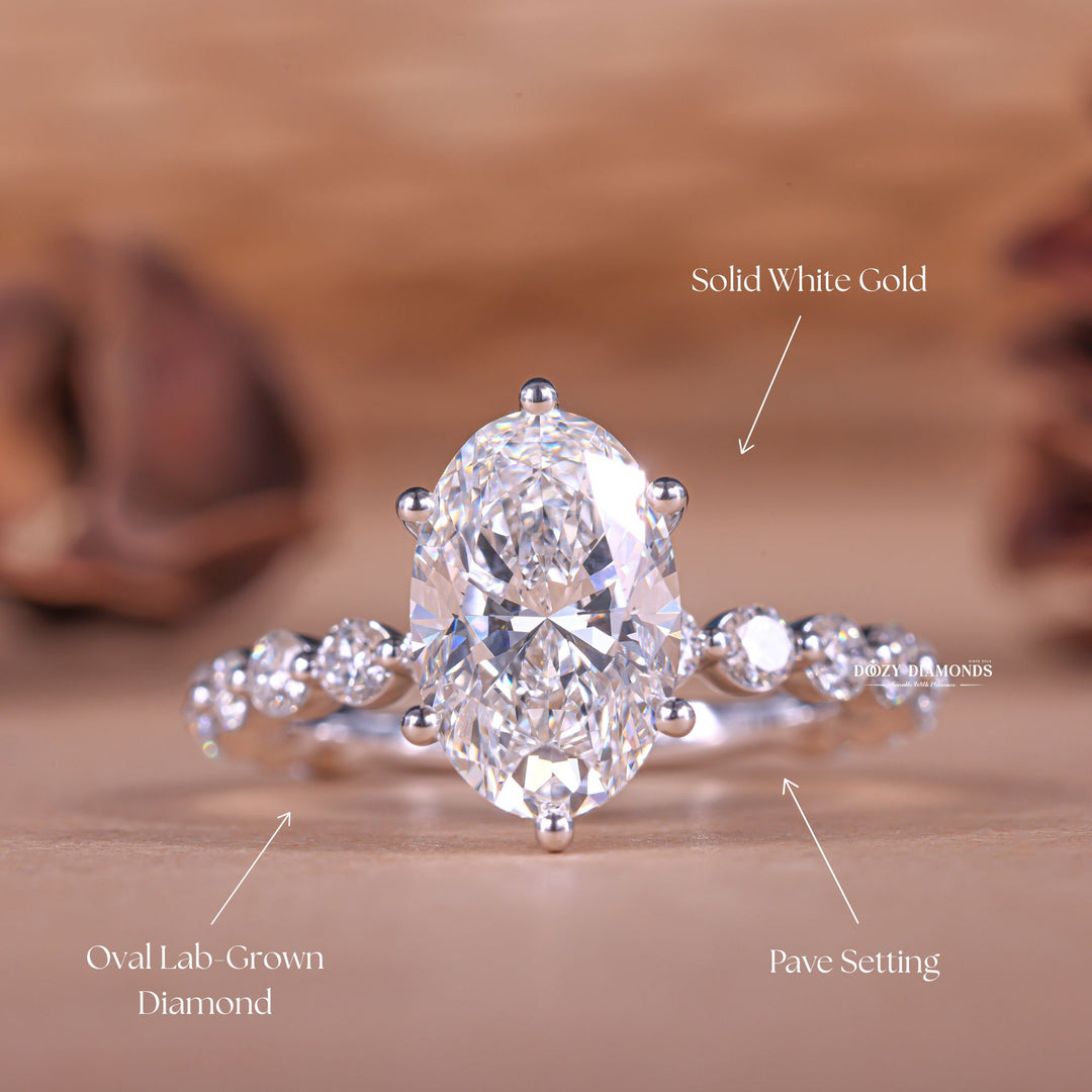 Oval cut engagement ring side view showing band detail