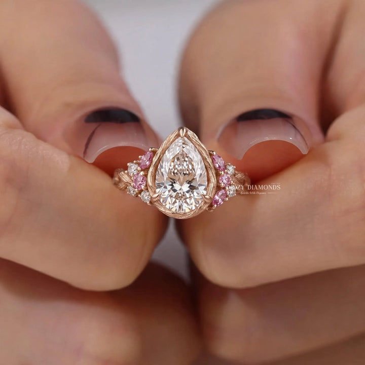 2.0CT Pear Lab Grown Diamond Pink Sapphire Accents Nature Inspired Engagement Rings
