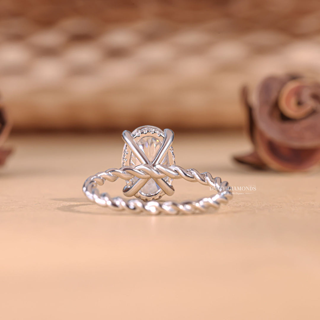 Oval solitaire lab grown diamond ring side profile in gold setting