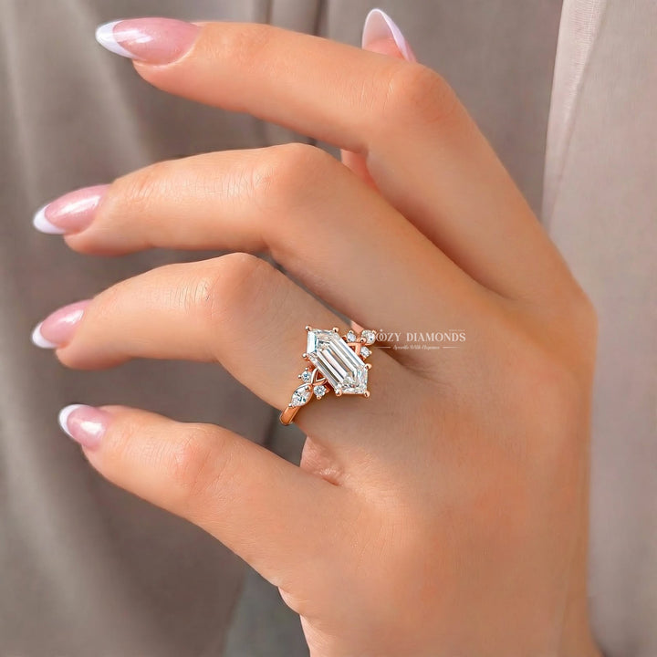 2.50CT Hexagon Shield F/VVS1 Lab Grown Diamond Engagement Ring, Cluster Rose Gold