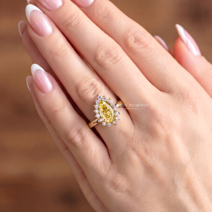 1.50CT Pear Yellow Lab Grown Diamond Halo Engagement Ring For Women
