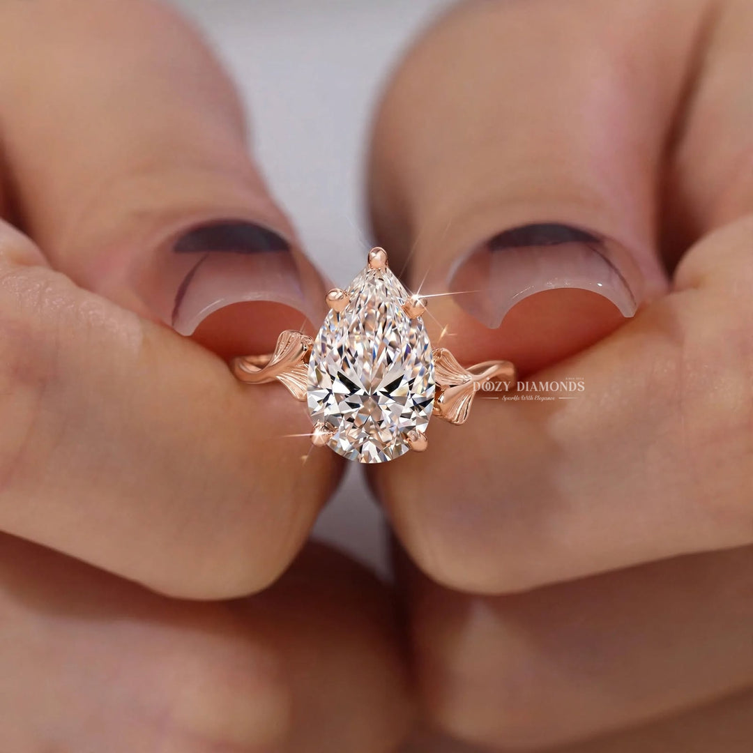 2.50CT Pear Shaped Lab Grown Diamond Ring – Leaf Engagement Ring for Women