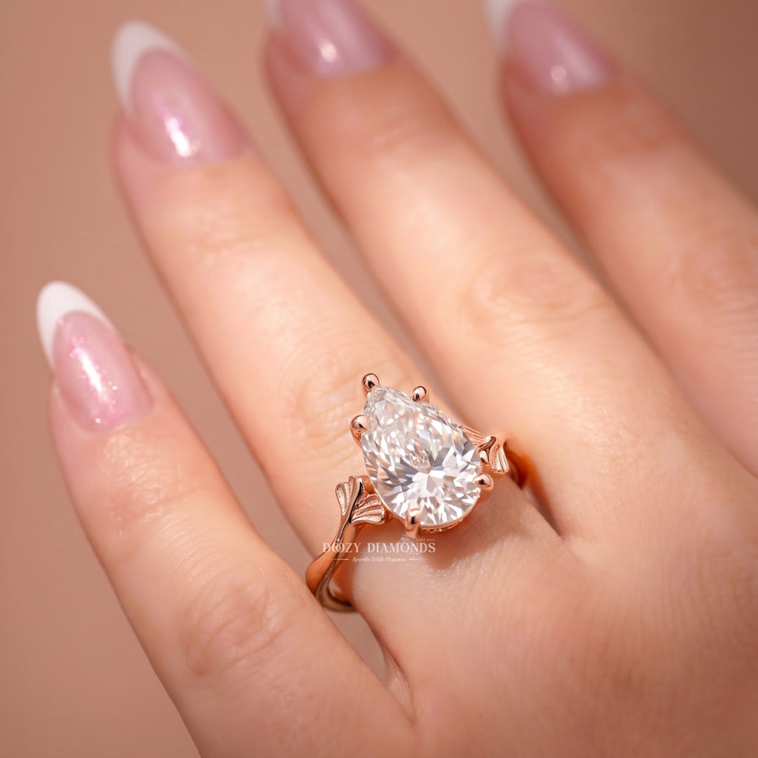 2.50CT Pear Shaped Lab Grown Diamond Ring – Leaf Engagement Ring for Women