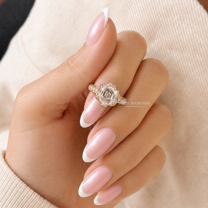 2.0CT Hexagonal E/VVS1 Lab Grown Diamond Floral Halo Engagement Ring