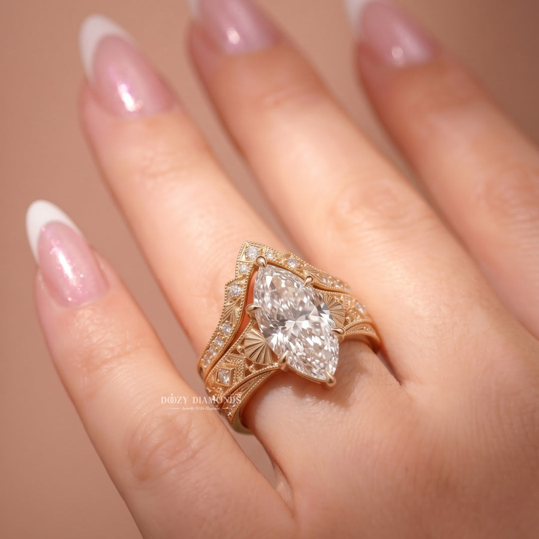 2.50CT Marquise E/VS1 Vintage Style Lab Grown Bridal Ring Set, Fanned Gold Band
