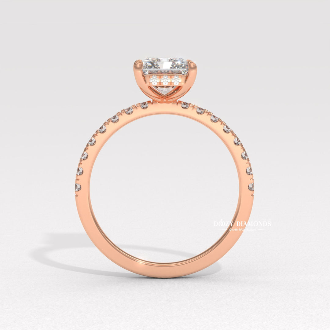Radiant hidden halo lab grown diamond ring side profile in gold setting