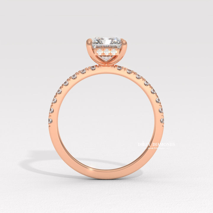 Radiant hidden halo lab grown diamond ring side profile in gold setting