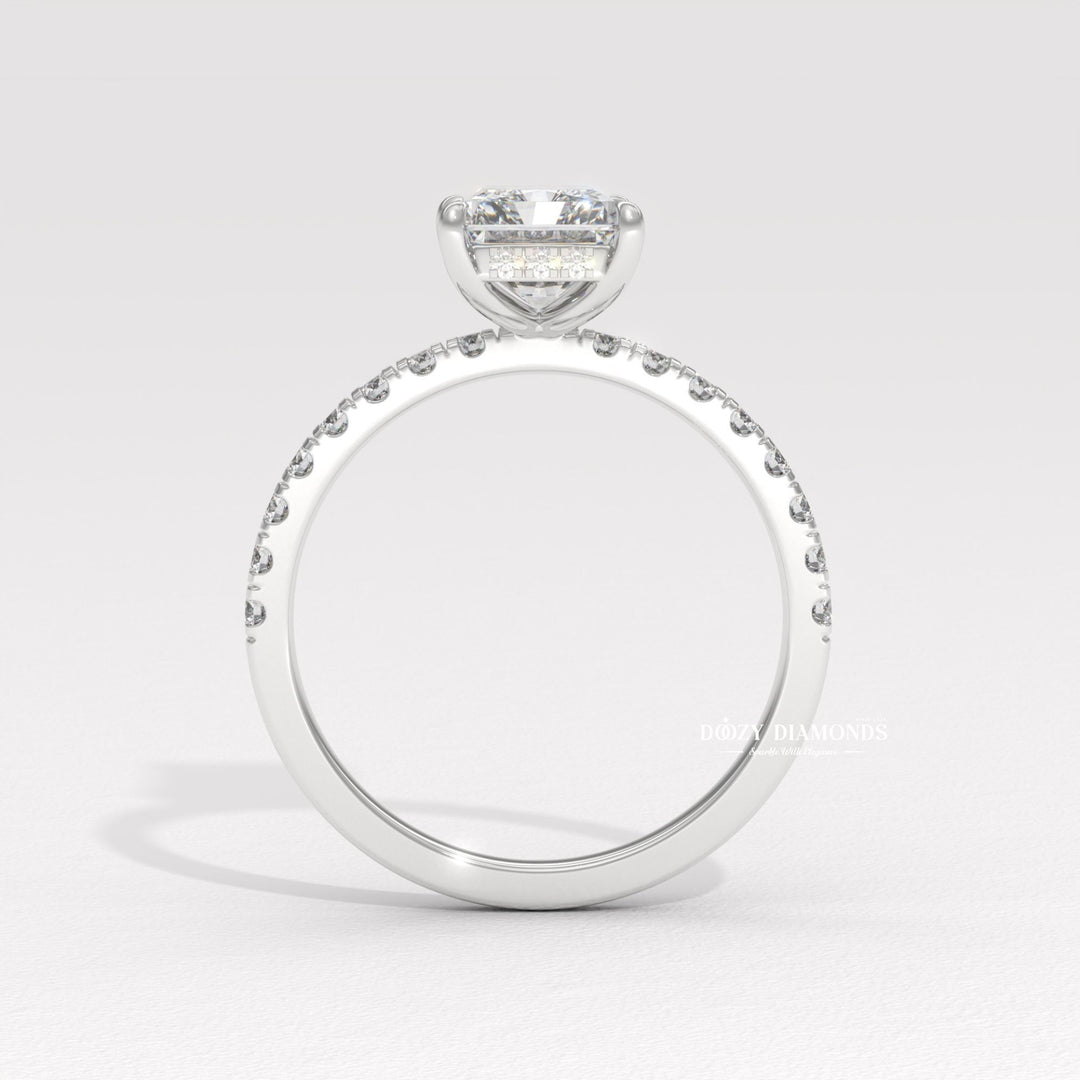 Radiant hidden halo engagement ring close-up highlighting diamond sparkle