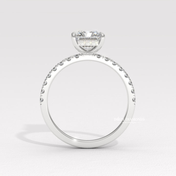 Radiant hidden halo engagement ring close-up highlighting diamond sparkle