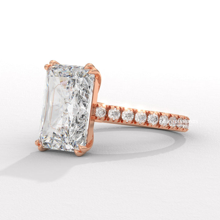Radiant solitaire engagement ring shown on hand for true-to-life sizing