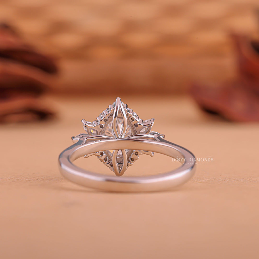 Side angle of oval cluster diamond engagement ring