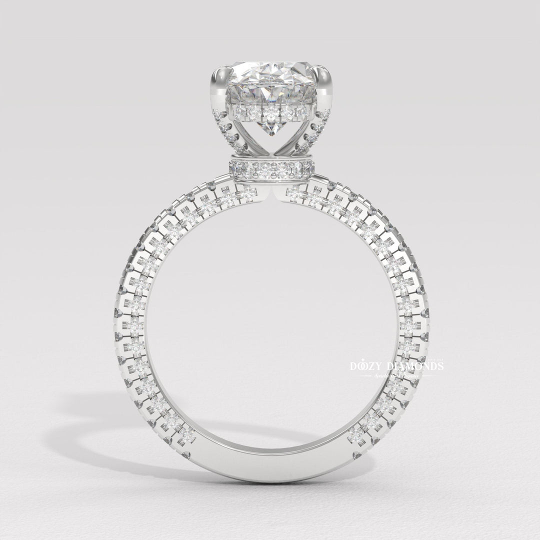 Oval cut engagement ring side view showing band detail