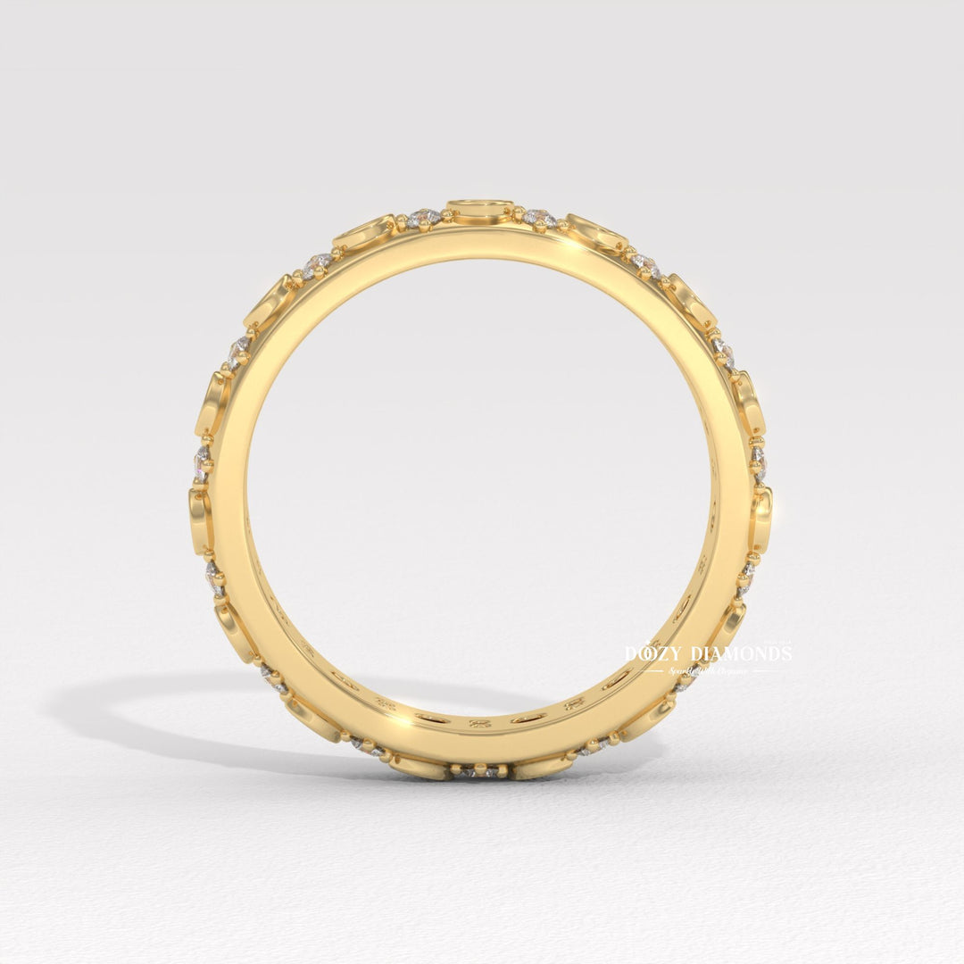 Flush Set diamond band stacked with engagement ring