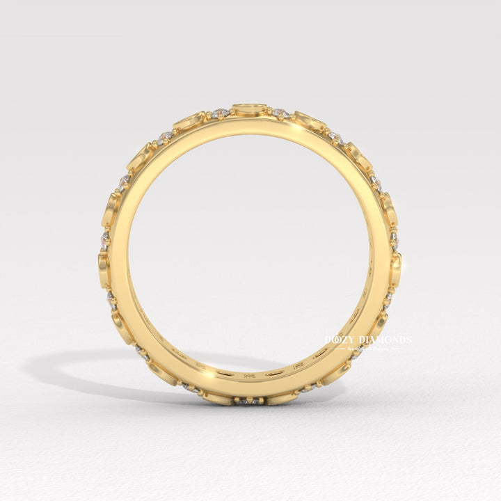 Flush Set diamond band stacked with engagement ring
