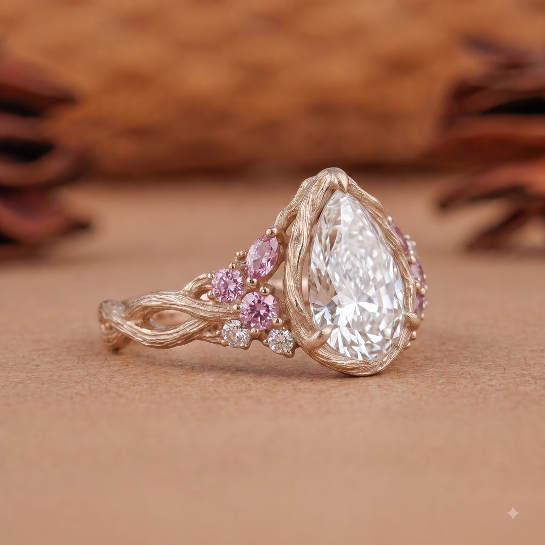 2.0CT Pear Lab Grown Diamond Pink Sapphire Accents Nature Inspired Engagement Rings