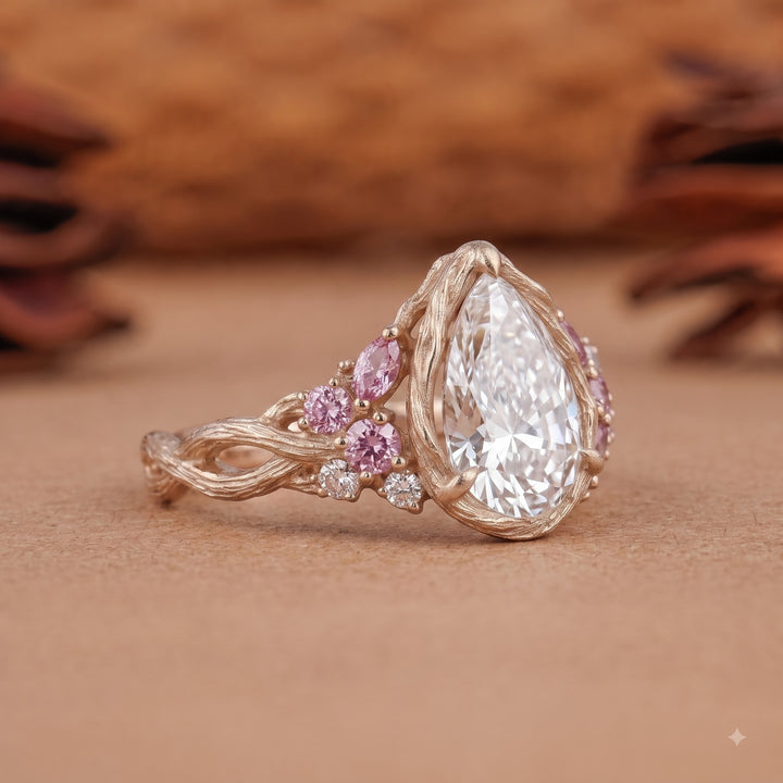2.0CT Pear Lab Grown Diamond Pink Sapphire Accents Nature Inspired Engagement Rings
