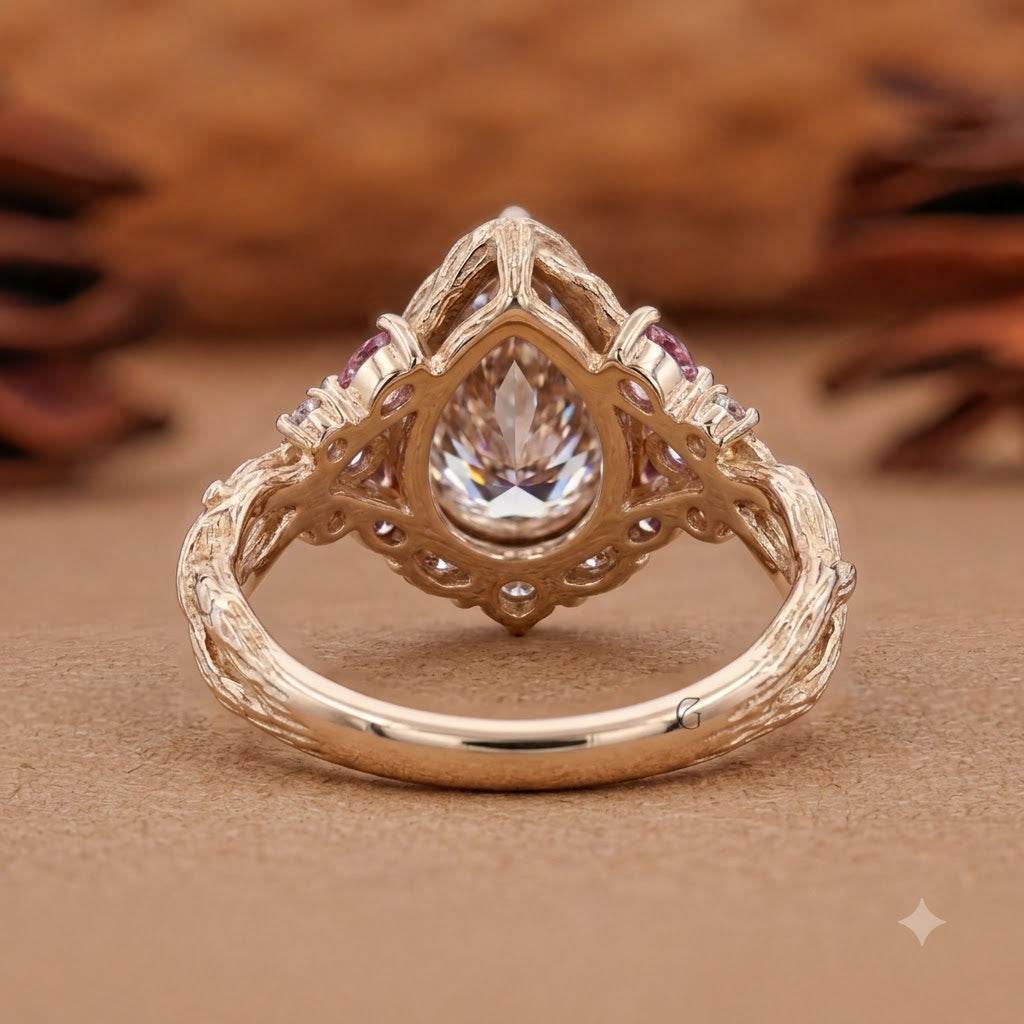 2.0CT Pear Lab Grown Diamond Pink Sapphire Accents Nature Inspired Engagement Rings