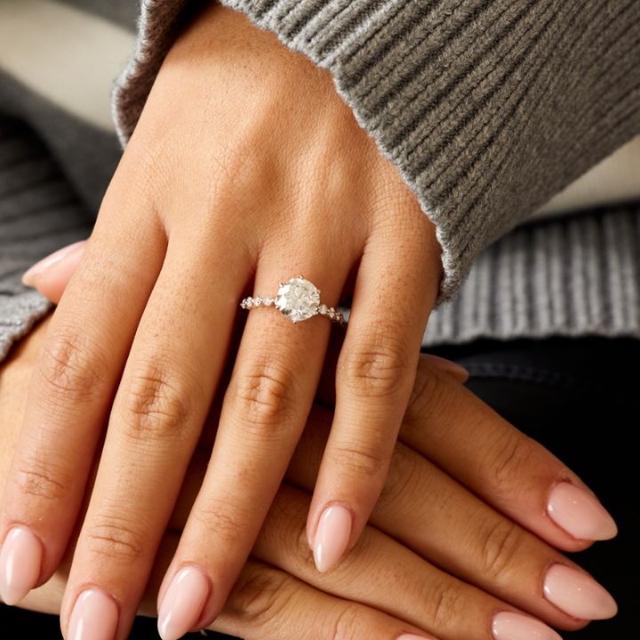 Round pave lab grown diamond ring in jewelry gift box