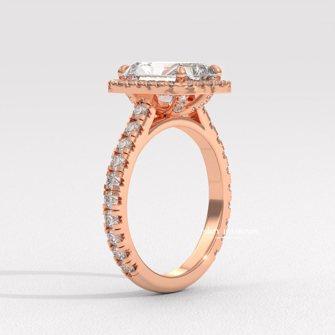Radiant halo lab grown diamond ring in jewelry gift box